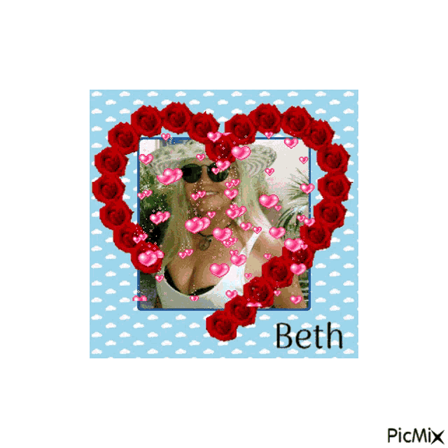 a picture of beth in a heart shaped frame with red roses