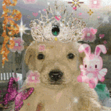 a dog wearing a tiara and a pink bunny