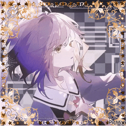 a picture of a girl with purple hair is surrounded by gold stars and swirls