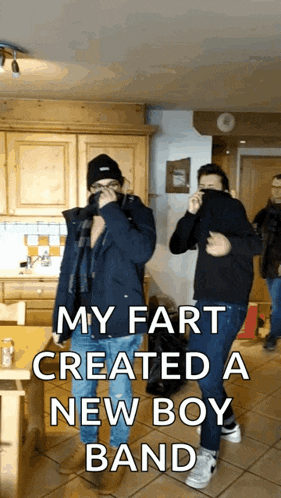 two men are covering their faces with their jackets and the words my fart created a new boy band