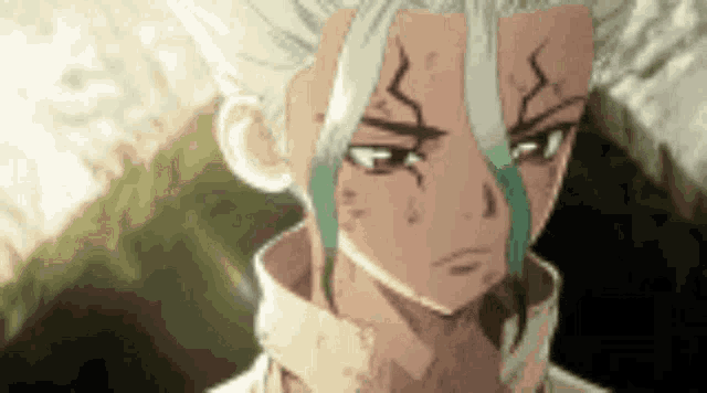 a close up of a person 's face with a white haired anime character .