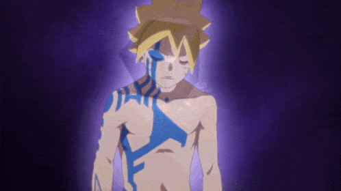 a naked anime character with blue paint on his chest