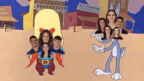 a group of people are posing for a picture with bugs bunny in front of a sign for ken champin veterinary