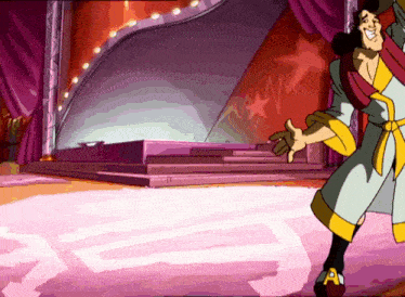 a man in a robe is dancing in front of a stage with a red curtain