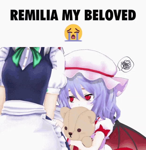 a picture of a girl holding a teddy bear with the words remilia my beloved