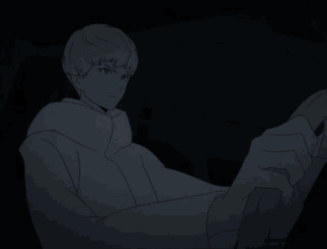 a drawing of a man sitting in a car looking out the window