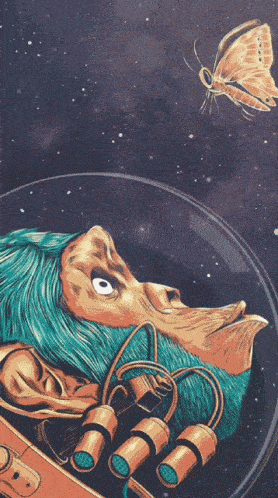 a colorful drawing of a monkey in space with a butterfly in the background