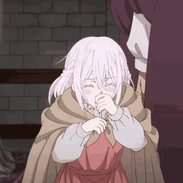 a little girl with white hair is covering her mouth with her hand