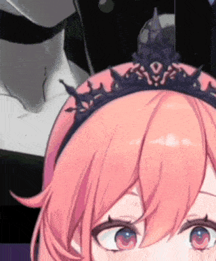 a girl with pink hair is wearing a black crown