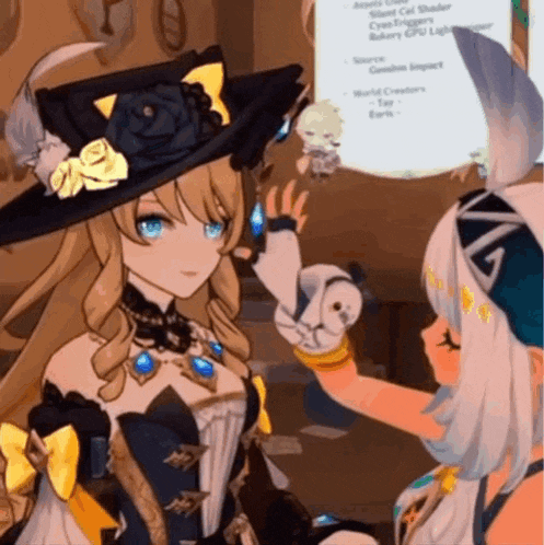 two anime girls are standing next to each other and one is wearing a hat