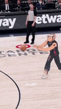 a cartoon of a man playing basketball on a court with a sign that says ' way ' on it