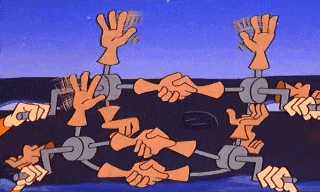 a bunch of cartoon hands are shaking hands on a blue background .