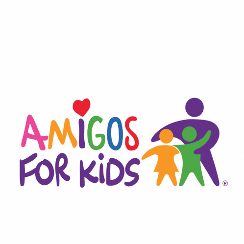 a colorful logo for amigos for kids shows a woman holding two children