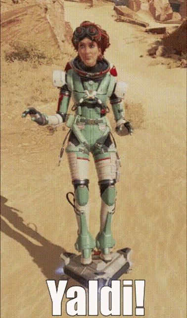 a woman in a space suit is standing on a box with the words yildi written on the bottom