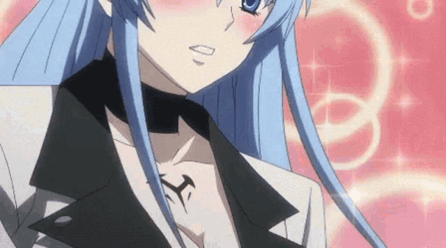 a close up of a girl with blue hair and a necklace that says a on it