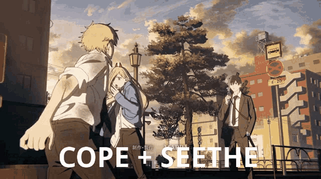a group of people walking down a street with the words cope + seethe written on the bottom