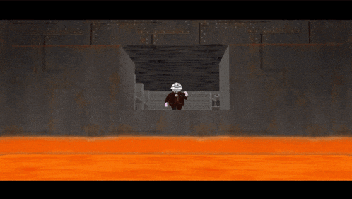 a cartoon of a man standing in a room with a red floor