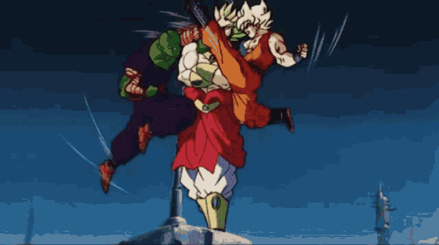a group of cartoon characters fighting each other including broly and goku