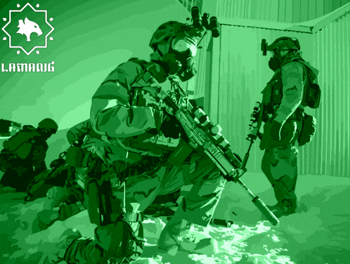 a group of soldiers are standing in the snow with a green background that says lamarug