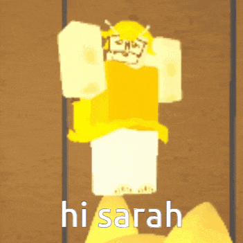 a cartoon character with the word hi sarah on the bottom