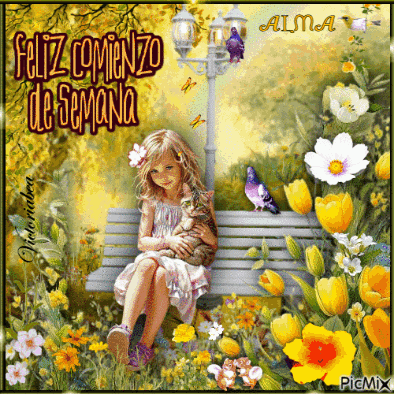 a little girl is sitting on a bench holding a kitten and the words feliz comienzo de semana are above her