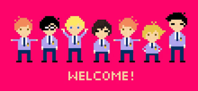 a pixel art of a group of people with the words welcome written below them