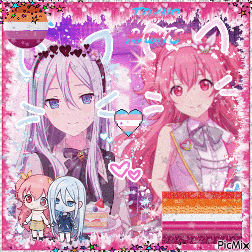 a picture of two anime girls with a lesbian flag in the bottom right corner