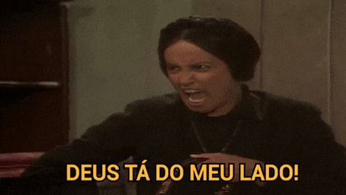 a woman in a black dress is screaming with the words deus ta do meu lado
