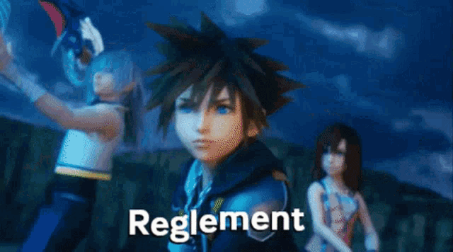 a video game character is holding a sword and the word reglement is on the screen .