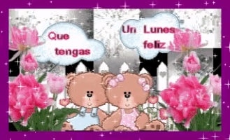 a couple of teddy bears sitting next to each other with the words que tengas un lunes feliz in the background