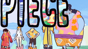 a group of cartoon characters standing in front of a sign that says " pueblo "