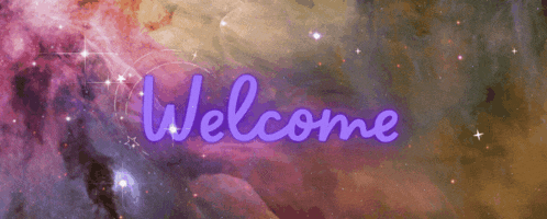 a purple welcome sign with a galaxy background