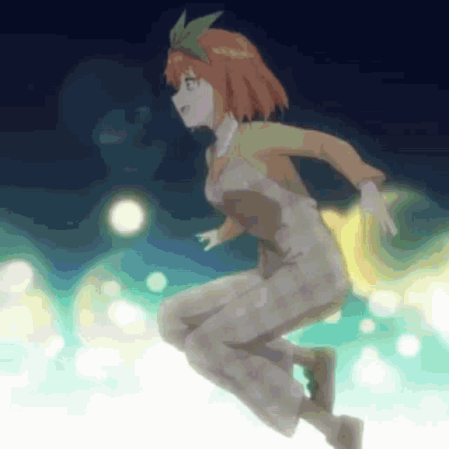a girl with red hair is jumping in the air with a green leaf on her head .