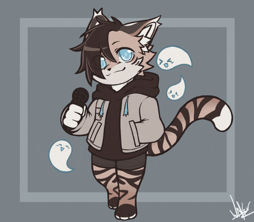 a drawing of a furry character holding a microphone with ghosts in the background