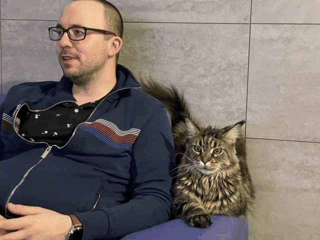 a man with glasses sits next to a cat