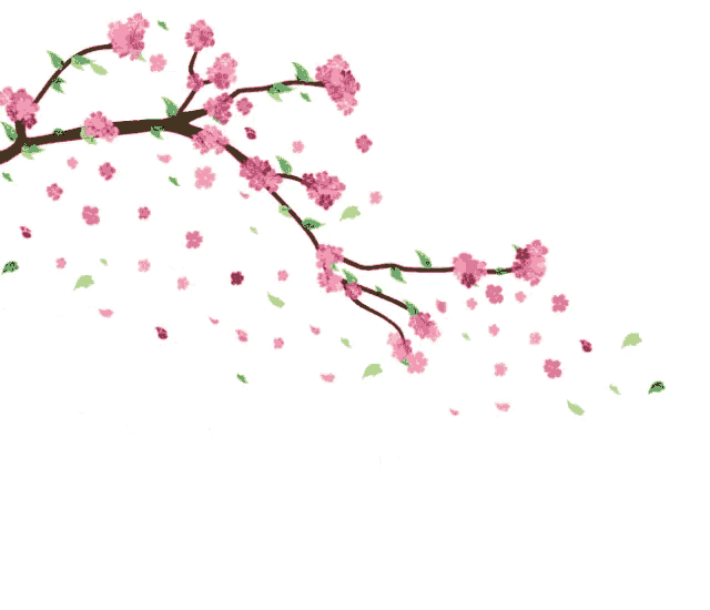 a tree branch with pink flowers and green leaves falling from it