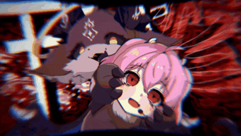 a girl with pink hair and red eyes is being held by a cat