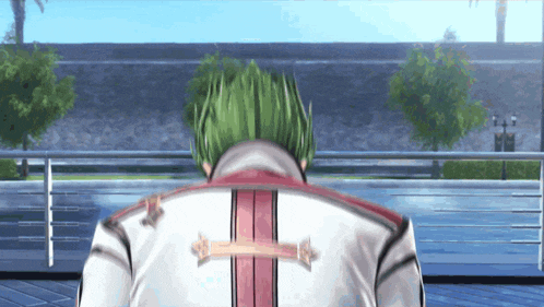 a man with green hair is standing in front of a railing with trees in the background