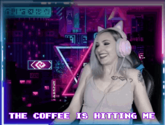a woman wearing headphones with the words the coffee is hitting me
