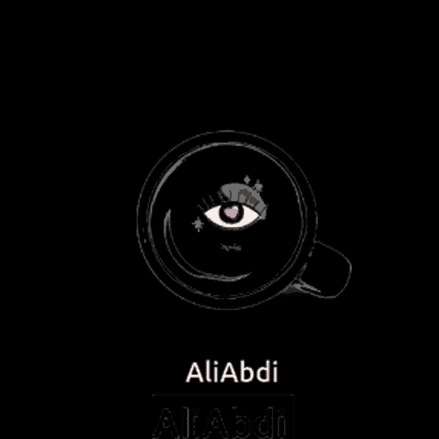 a black mug with an eye and the name aliabdi