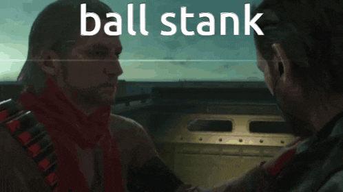 a man with a red scarf around his neck is talking on a cell phone with the words ball stank written above him
