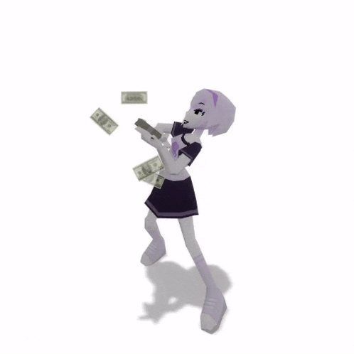a cartoon girl is holding a gun and throwing money around