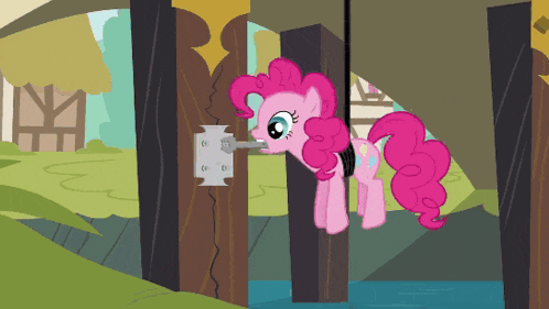 pinkie pie from my little pony is standing next to a wooden pole