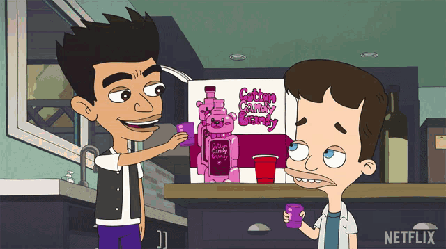 two cartoon characters are standing in front of a box that says " cotton candy starry "