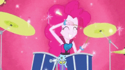 pinkie pie from my little pony equestria girls is playing drums on a pink background .