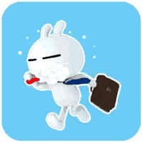 a cartoon bunny is running with a briefcase and a red toothbrush