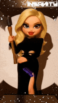 a doll in a black dress is holding a large axe and the word nativity is above her