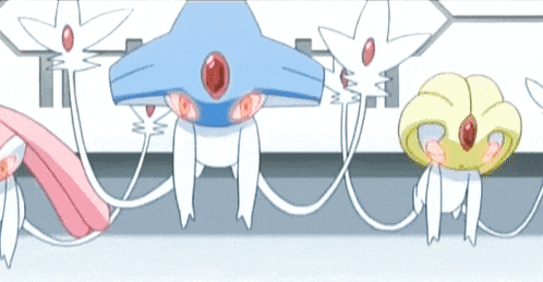 a pink and blue cartoon character with red eyes