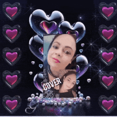 a picture of a woman is surrounded by hearts and the word cover