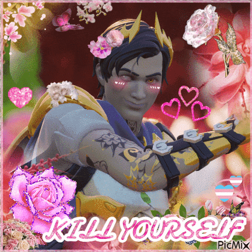 a picture of a man with flowers in his hair and the caption kill yourself
